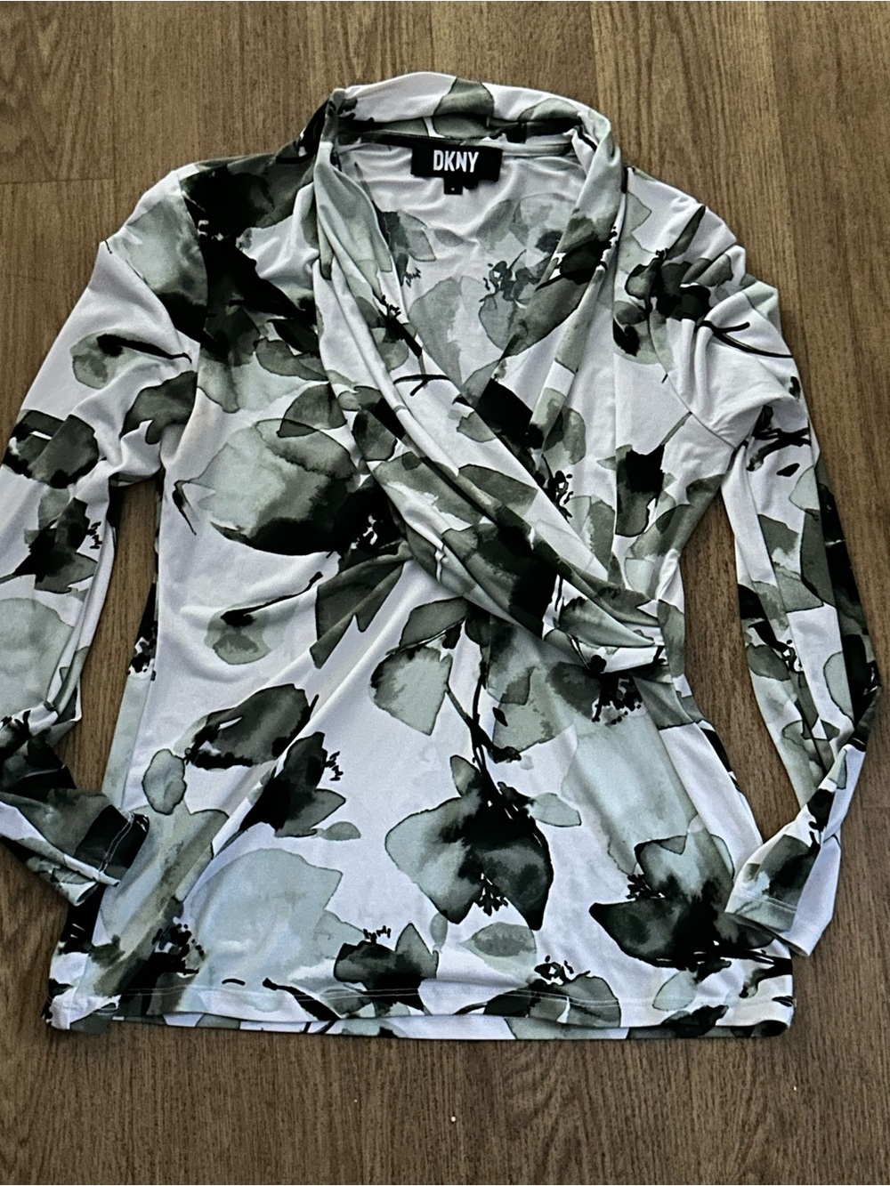 DKNY Olive & White Floral Wrap-Style Long Sleeve Top